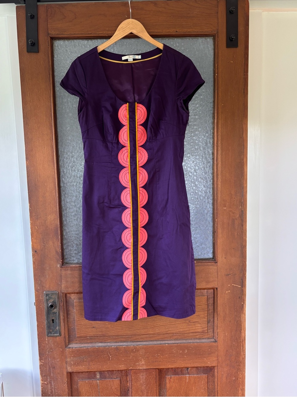 Boden Purple Cap-Sleeve Dress with Pink Scallop Trim